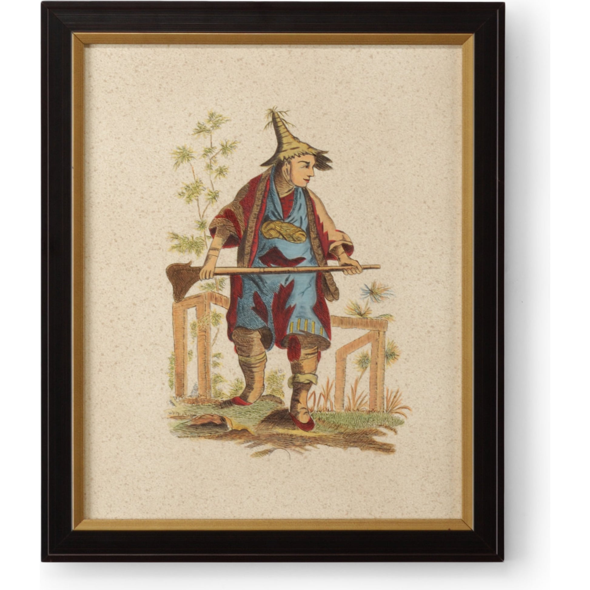 Pillement Painting V by Chelsea House in bromn and antique gold frame. Made from watercolor on paper in a traditional style.