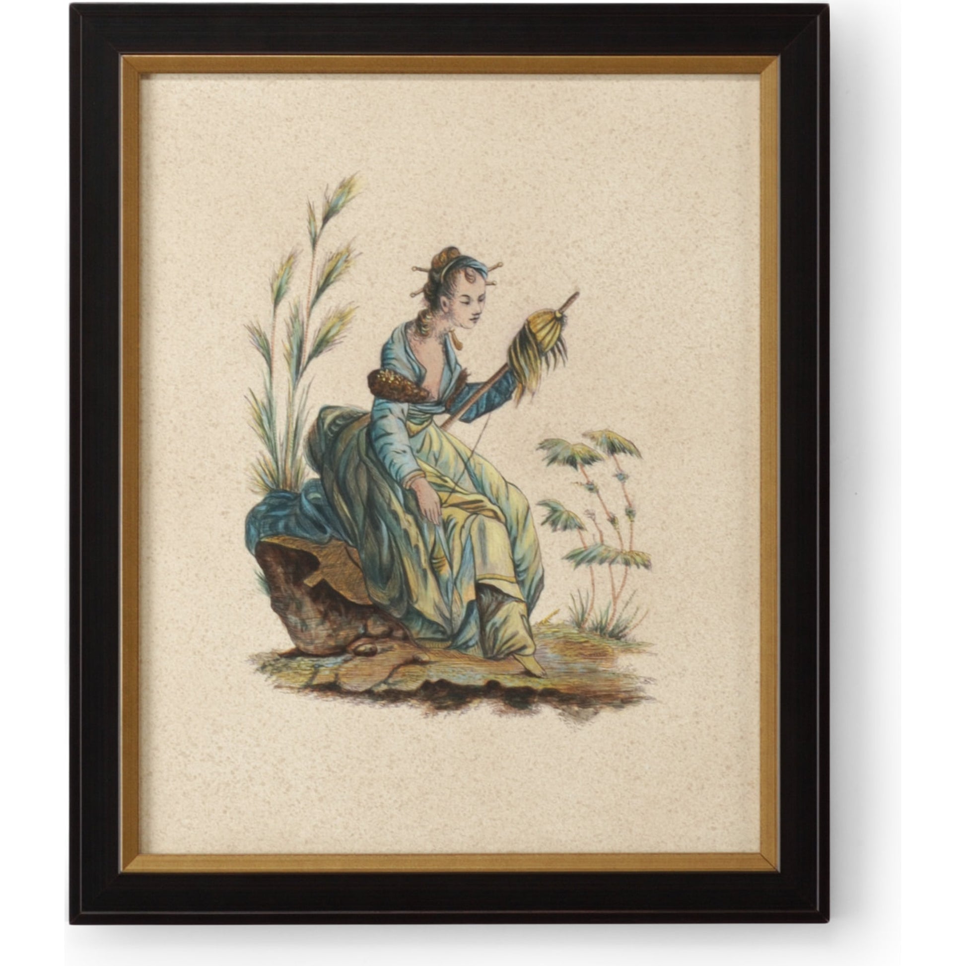 Pillement Painting VII by Chelsea House in brown and antique gold frame. Made from watercolor on paper in a traditional style.