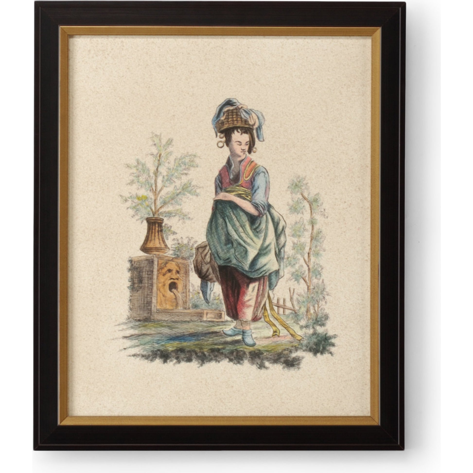 Pillement Painting VIII by Chelsea House in brown and antique gold frame. Made from watercolor on paper in a traditional style.