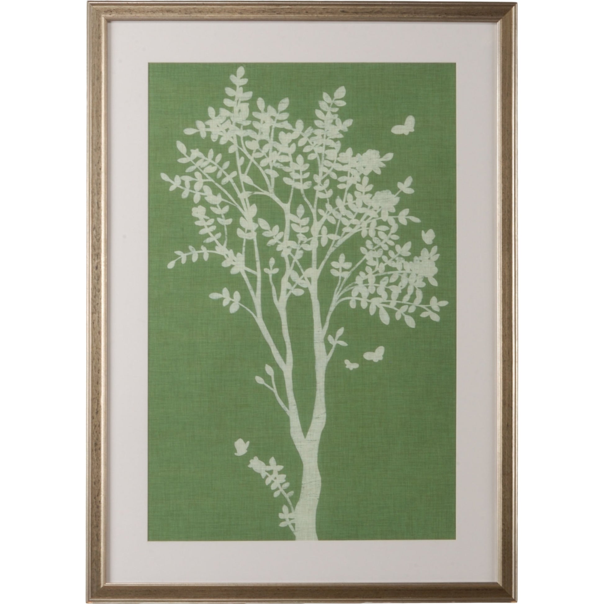 Tableau in Sage I by Chelsea House in single mat, antiqued silver frame. Made from giclee in a transitional style.