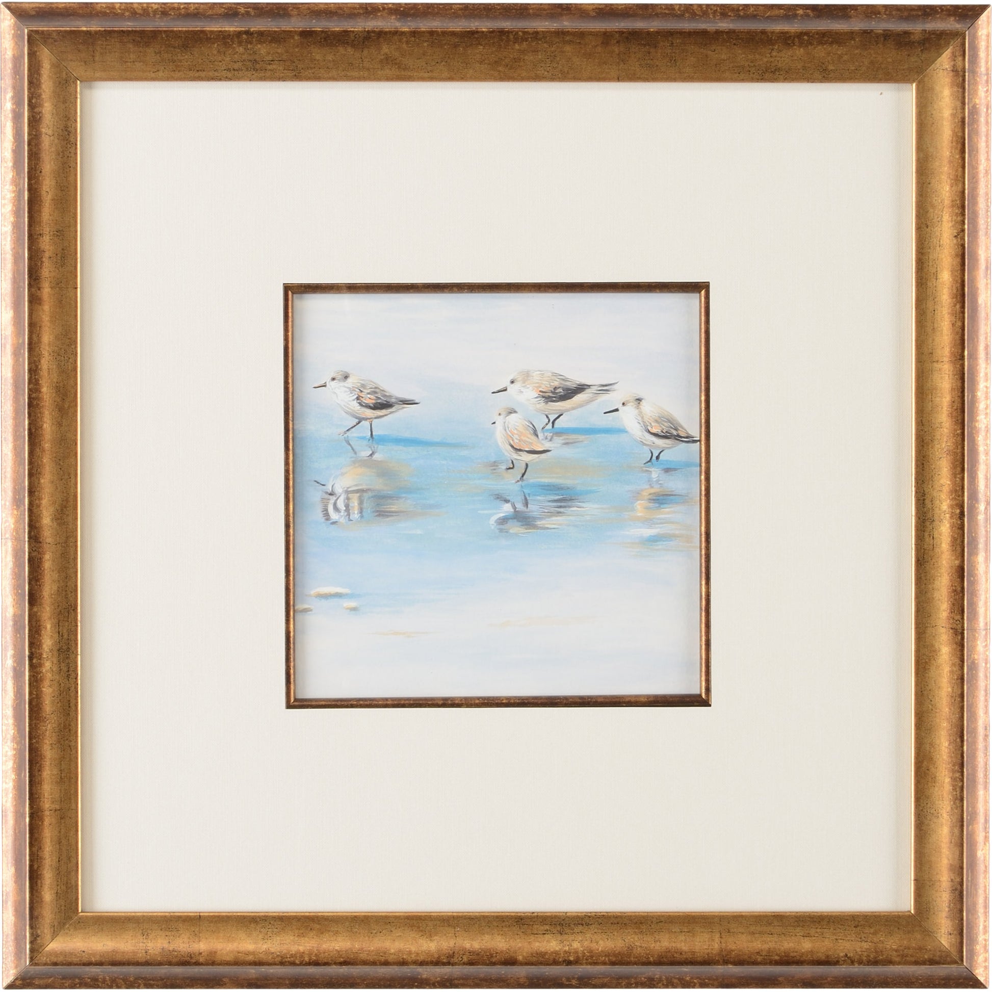 Sand Piper I by Chelsea House in white mat- antique gold fillet. Made from watercolor - antique gold frame in a coastal style.