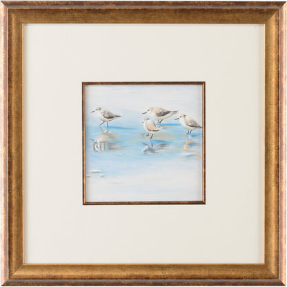 Sand Piper I by Chelsea House in white mat- antique gold fillet. Made from watercolor - antique gold frame in a coastal style.
