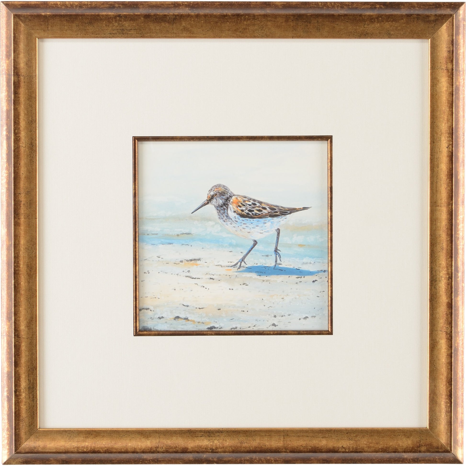 Sand Piper II by Chelsea House in white mat, antique gold fillet. Made from watercolor - antique. gold frame in a coastal style.