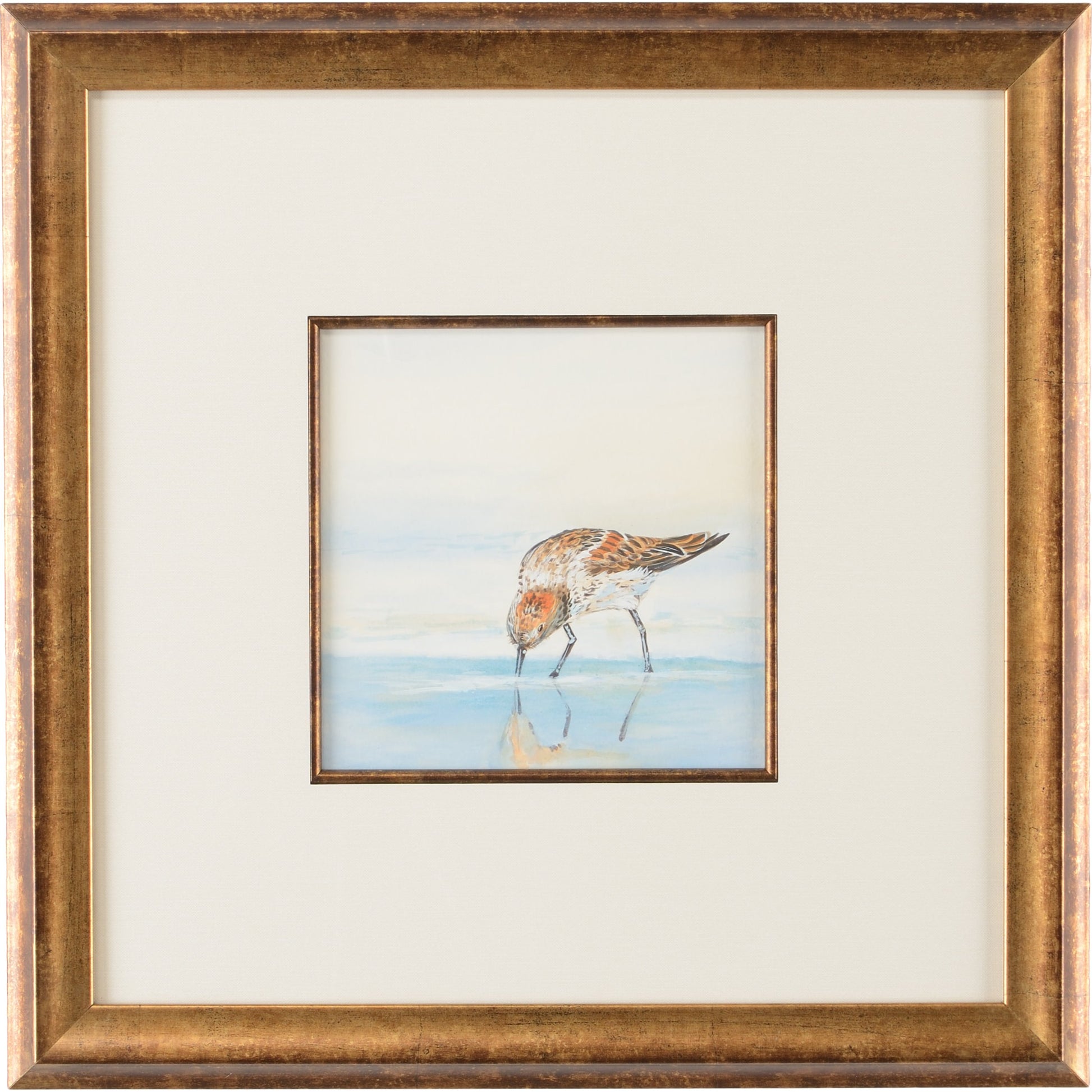 Sand Piper III by Chelsea House in white mat, antique gold fillet. Made from watercolor - antique gold frame in a coastal style.