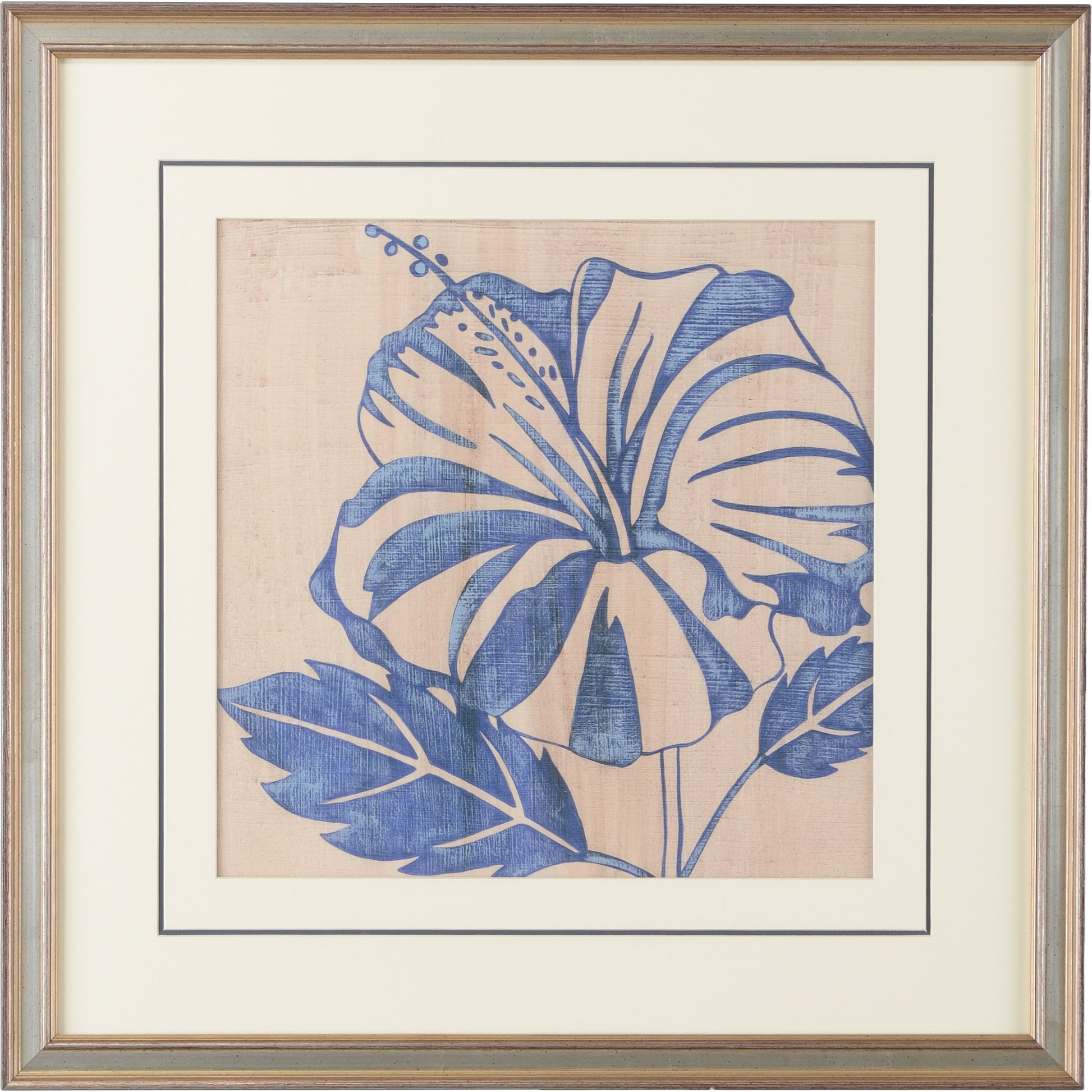 Indigo Hibiscus by Chelsea House in double mat. Made from giclee - silver leaf wood frame in a modern style.