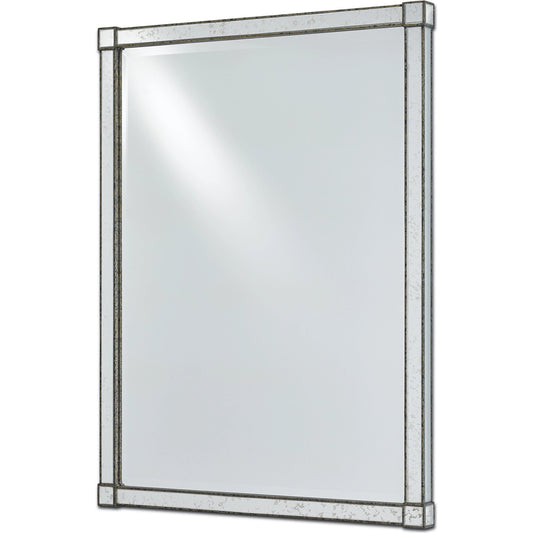 Monarch Mirror by Currey and Company in painted silver viejo, light antique mirror. Made from wood, mirror in a transitional style.