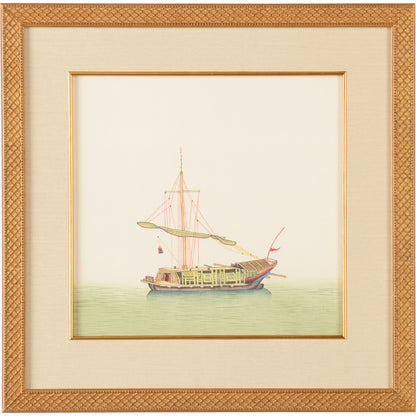 Chin Junk Furled Sail by Chelsea House in gold frame and fillet. Made from water color on silk in a coastal style.