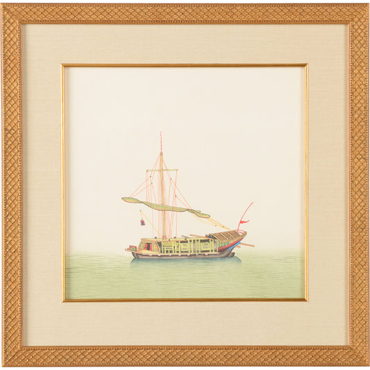 Chin Junk Furled Sail by Chelsea House in gold frame and fillet. Made from water color on silk in a coastal style.