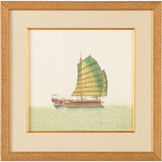 Chin.Junks-Two Sails by Chelsea House in multi 1 and gold frame and fillet. Made from water color on silk in a coastal style.