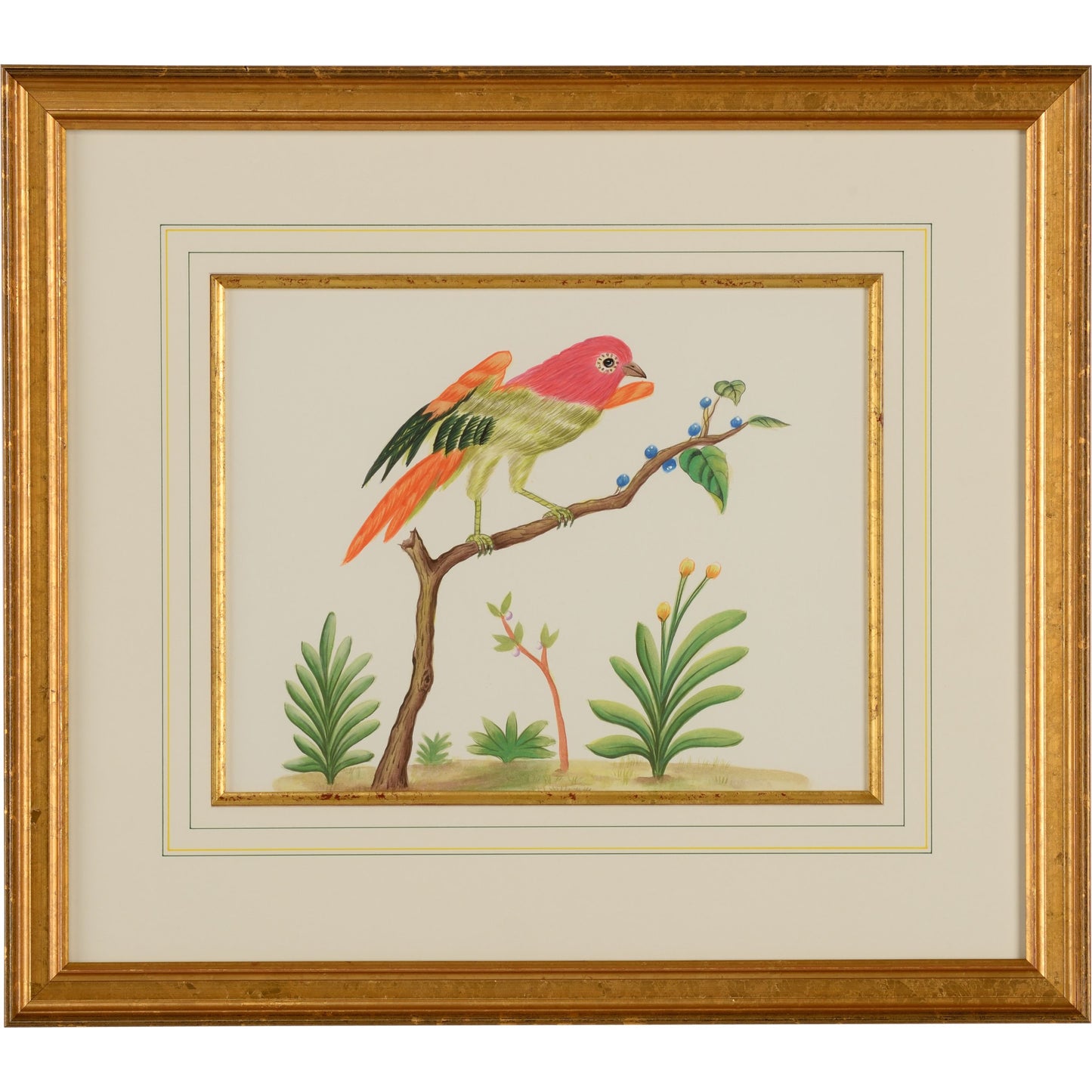 001 SR-383338 | Primary Silo | Multicolor Bird by Chelsea House in gold frame and fillet. Made from water color on paper in a coastal style.
