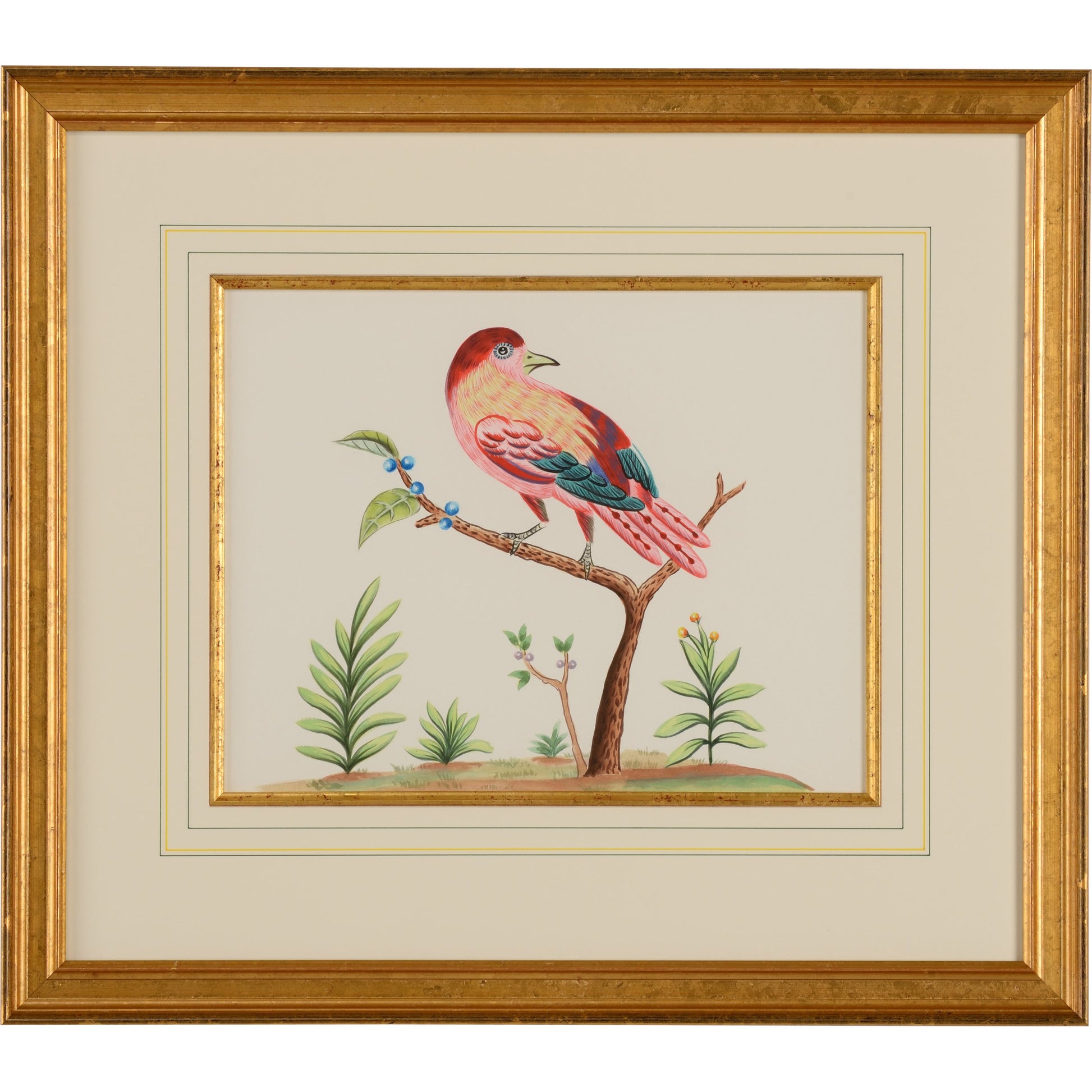 Pink W/Blue Berries by Chelsea House in gold frame and fillet. Made from water color on paper in a coastal style.