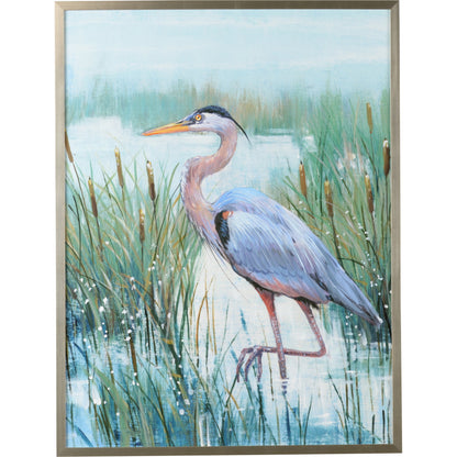 Marsh Heron II by Chelsea House in silver. Made from printed canvas in a coastal style.