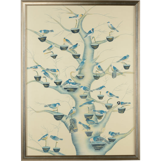 Aviary in Shades of Blue by Chelsea House. Made from watercolor on silk in a modern style.