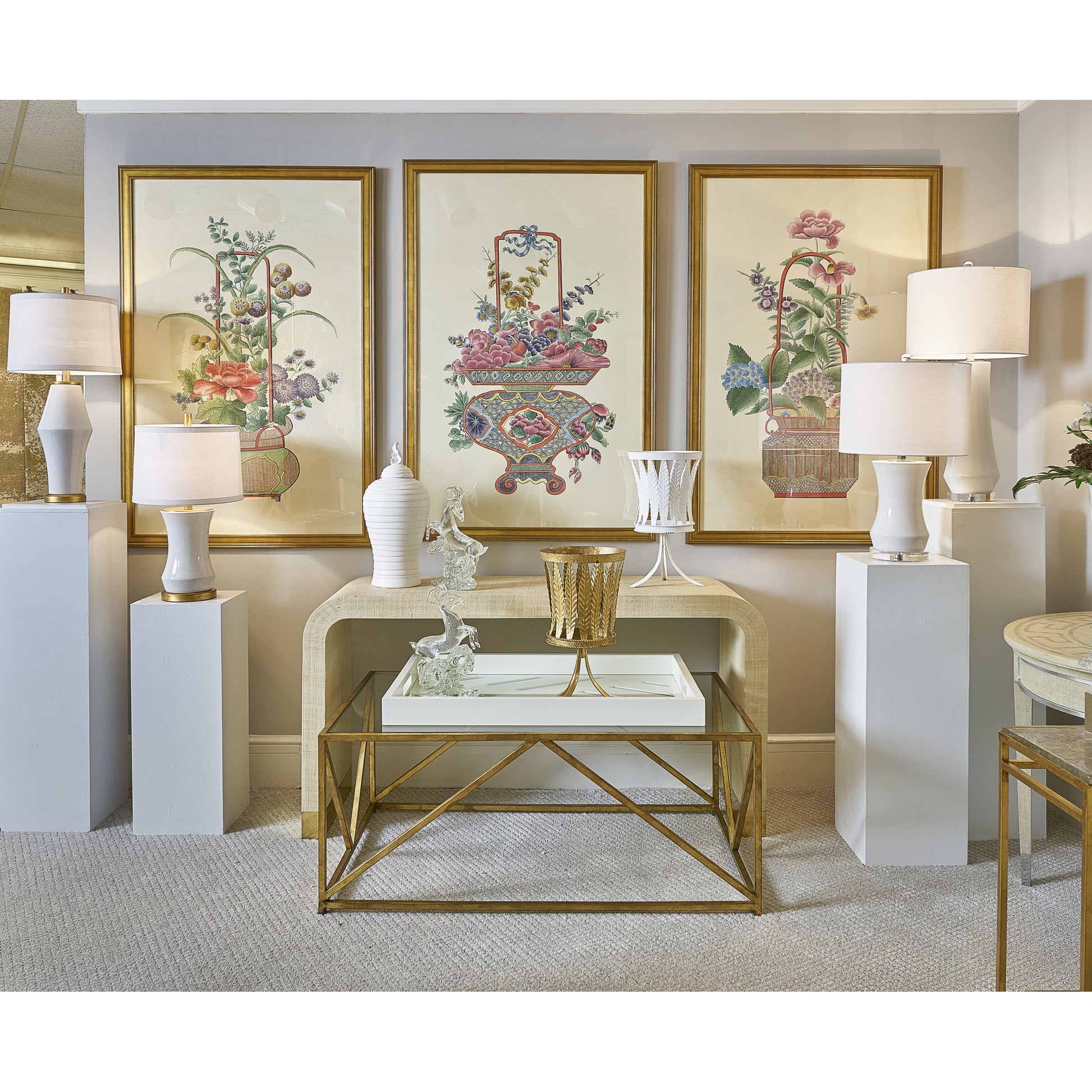 Chinoiserie Basket I by Chelsea House in gold. Made from watercolor on silk in a transitional style.