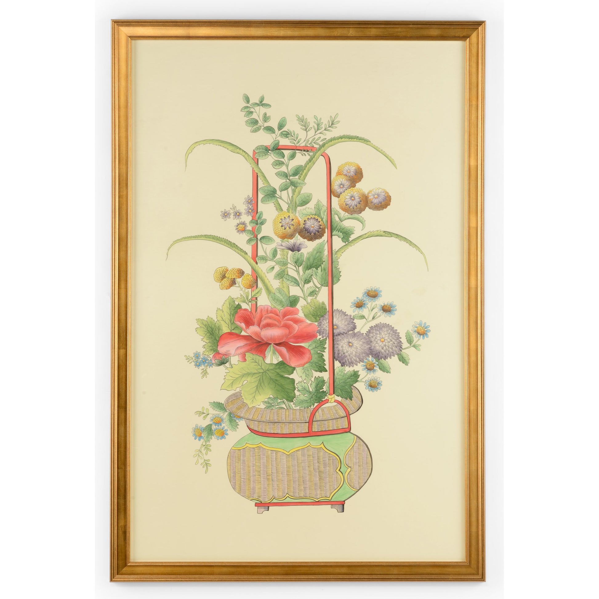 Chinoiserie Basket I by Chelsea House in gold. Made from watercolor on silk in a transitional style.