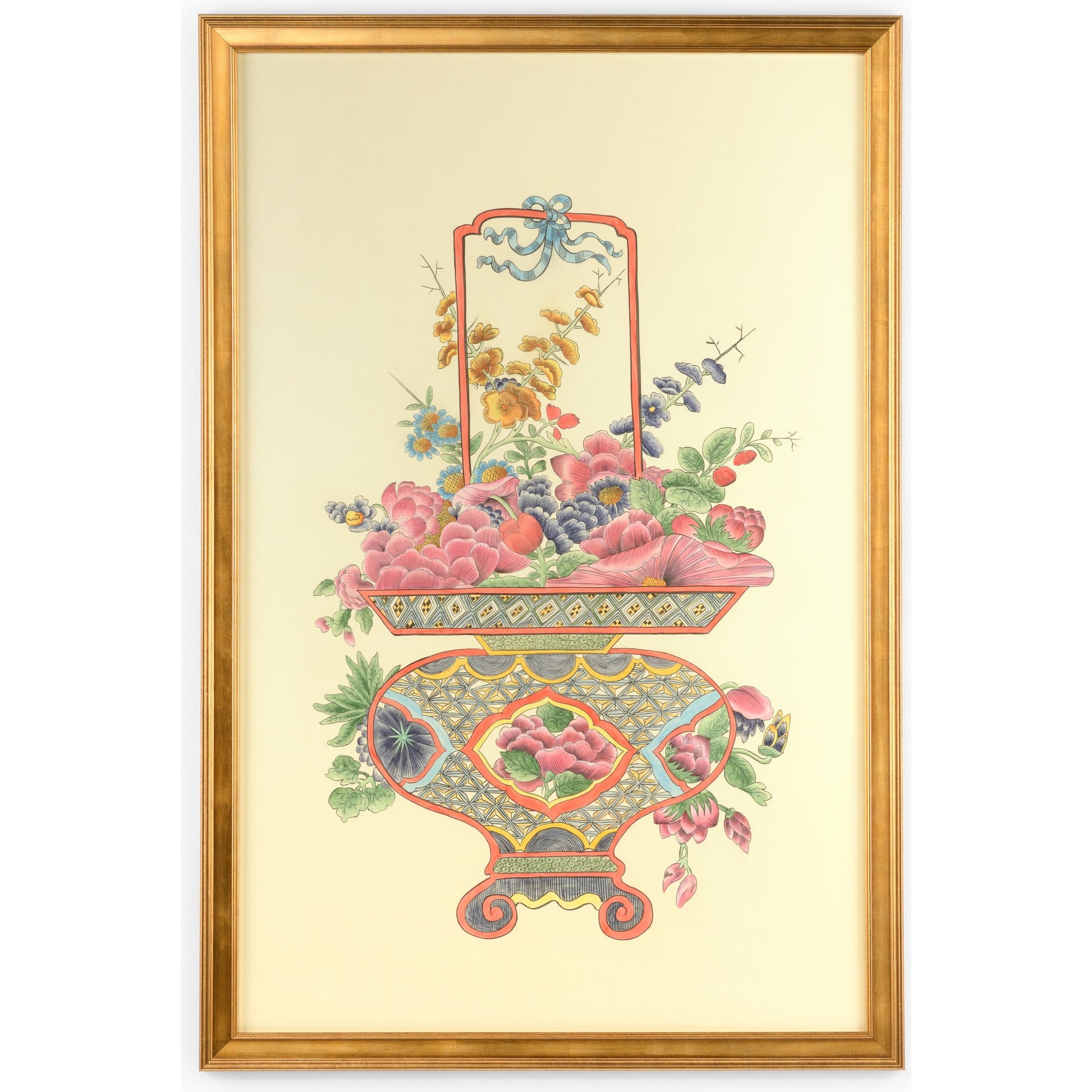 Chinoiserie Basket III by Chelsea House in gold. Made from watercolor silk in a cottage & farmhouse style.