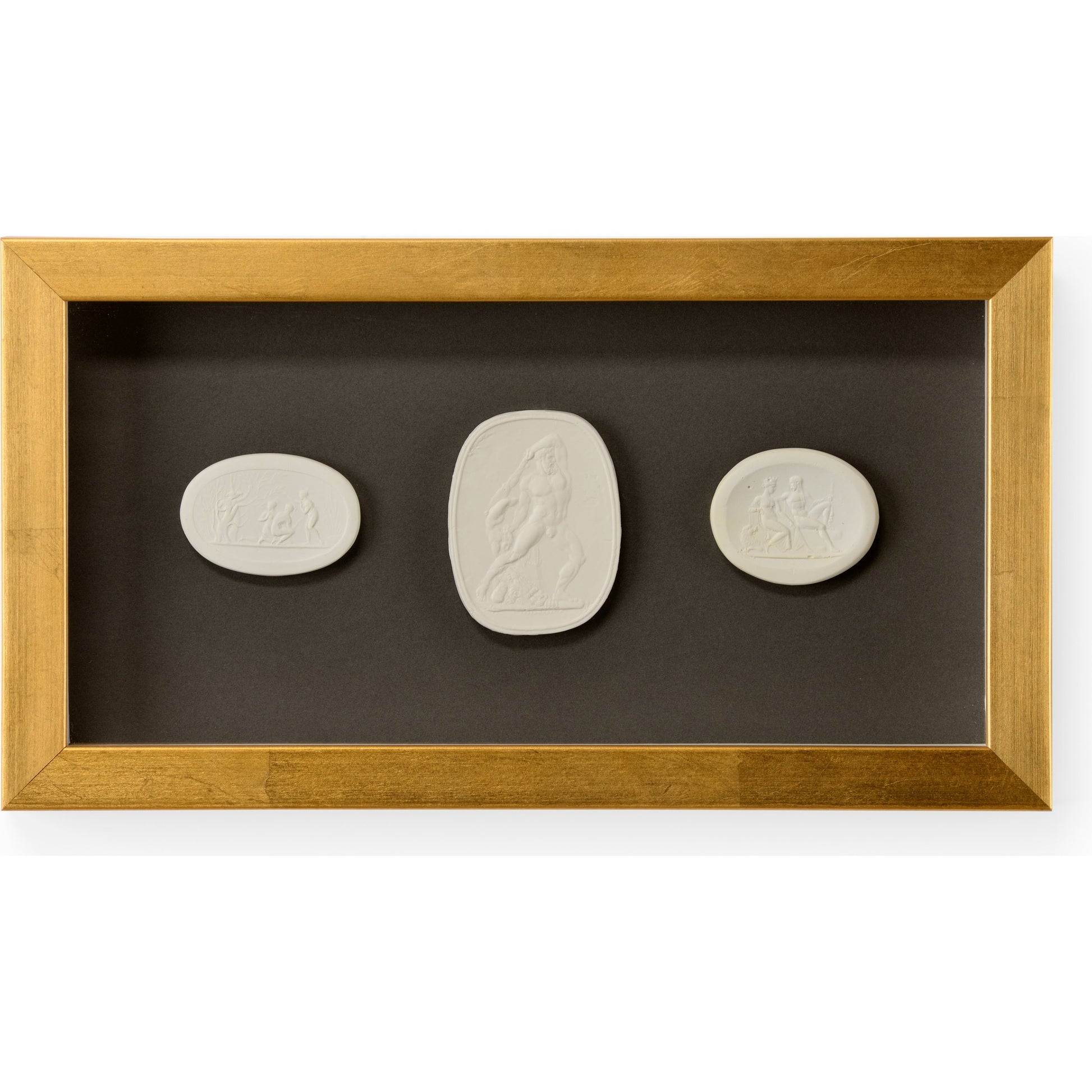 Intaglio Shadowbox I by Chelsea House in gold. Made from plaster intaglios in a transitional style.
