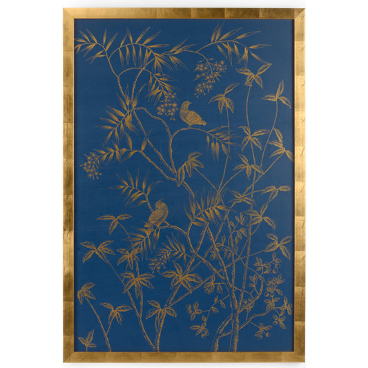Gold Buckhead Panel on Blue A by Chelsea House in gold, blue. Made from watercolor on silk in a modern style.