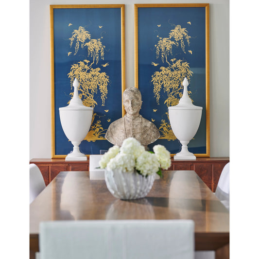 Gold Flowering Tree on Blue A by Chelsea House in gold, blue. Made from watercolor on silk in a modern style.