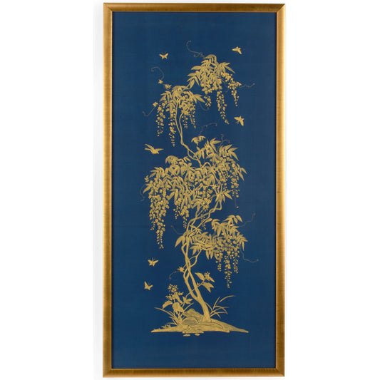 Gold Flowering Tree on Blue A by Chelsea House in gold, blue. Made from watercolor on silk in a modern style.