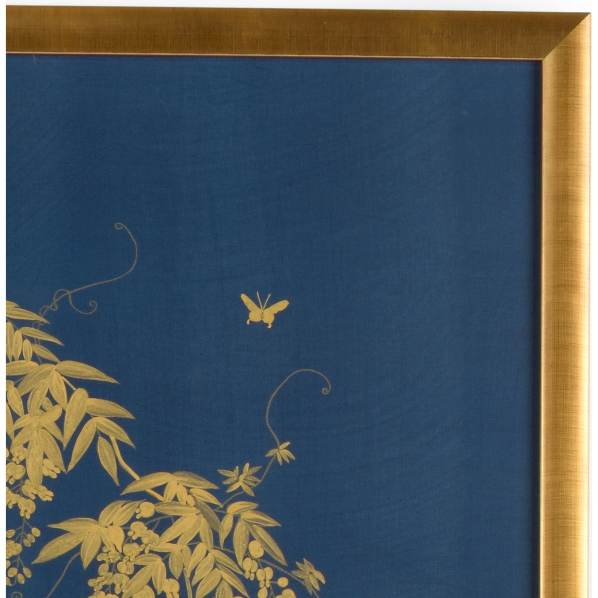 Gold Flowering Tree on Blue B by Chelsea House in framed, glass. Made from watercolor on silk in a modern style.