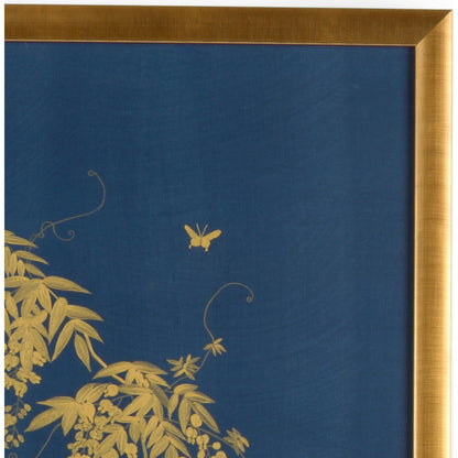Gold Flowering Tree on Blue B by Chelsea House in framed, glass. Made from watercolor on silk in a modern style.