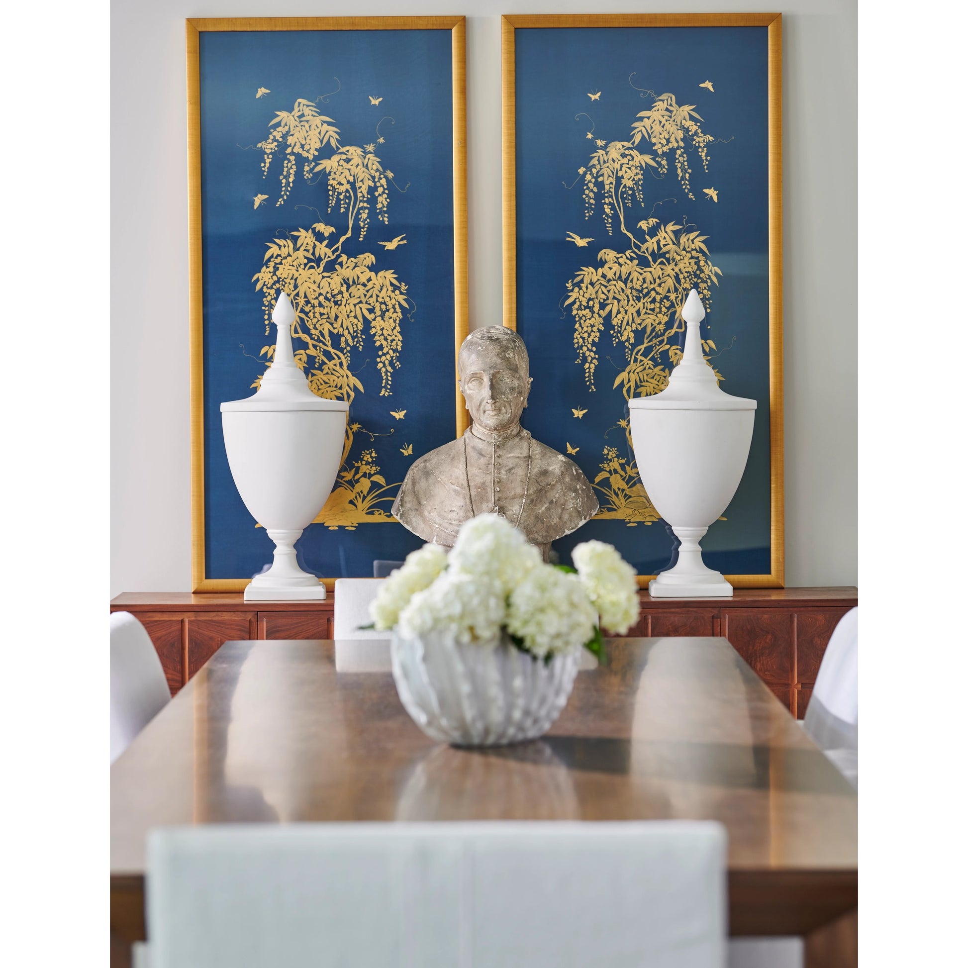 Gold Flowering Tree on Blue B by Chelsea House in framed, glass. Made from watercolor on silk in a modern style.