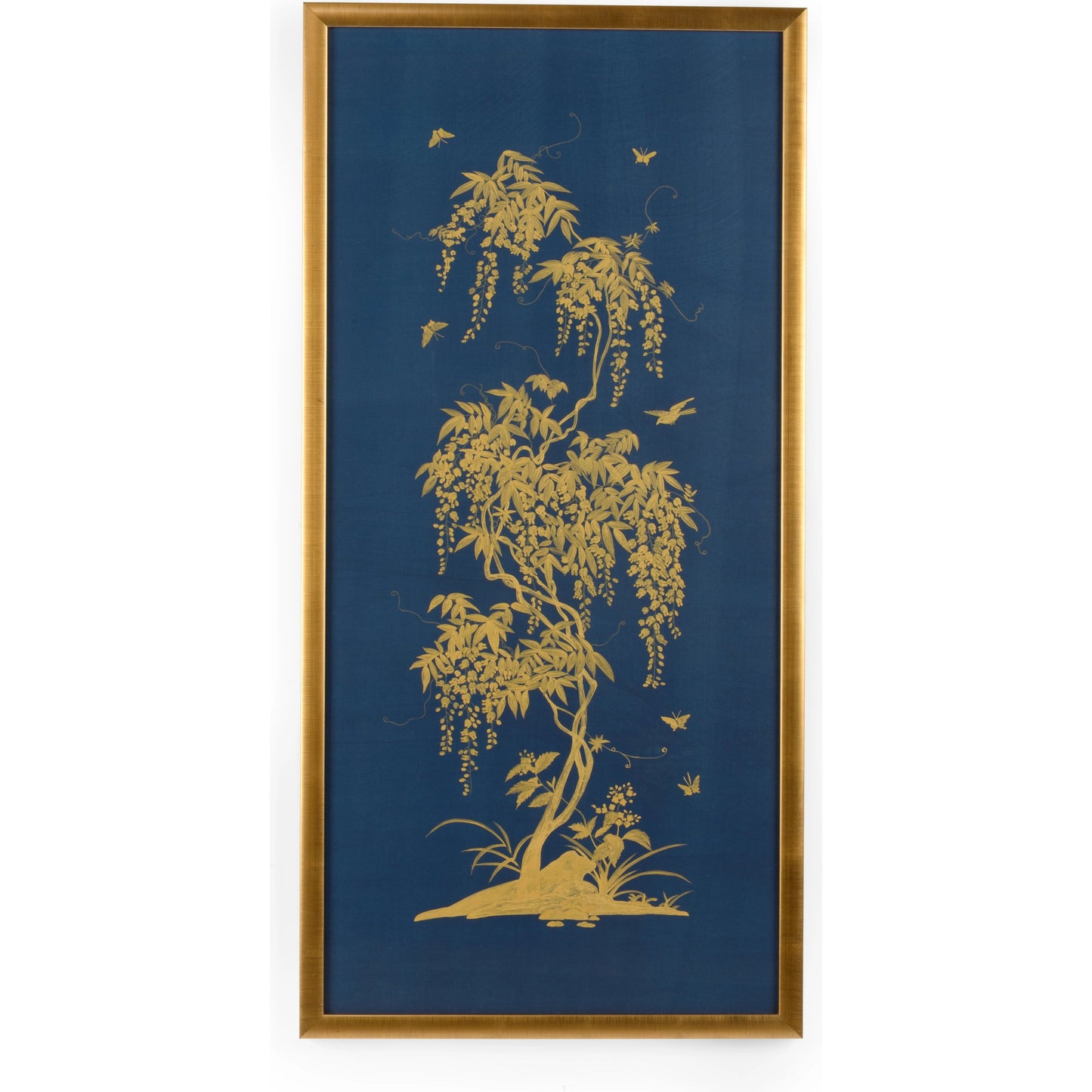 001 SI-2106043 | Primary Silo | Gold Flowering Tree on Blue B by Chelsea House in framed, glass. Made from watercolor on silk in a modern style.