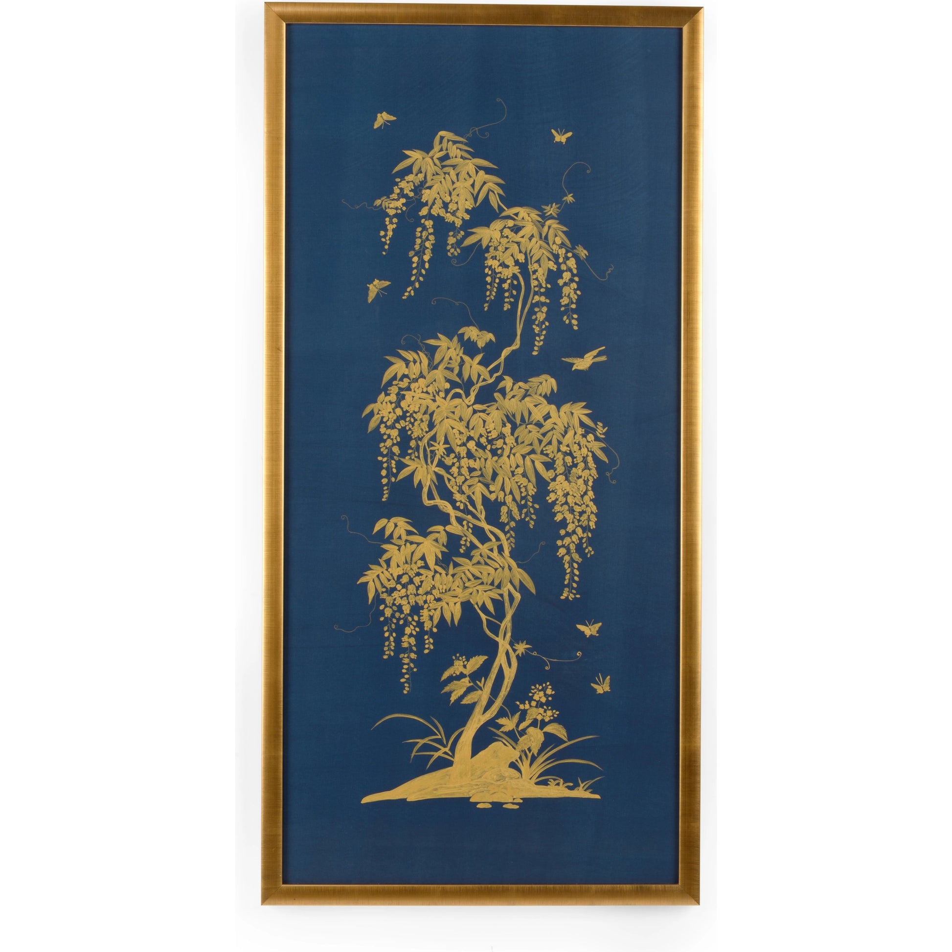Gold Flowering Tree on Blue B by Chelsea House in framed, glass. Made from watercolor on silk in a modern style.