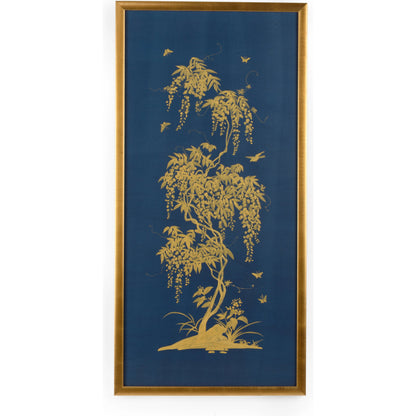 Gold Flowering Tree on Blue B by Chelsea House in framed, glass. Made from watercolor on silk in a modern style.