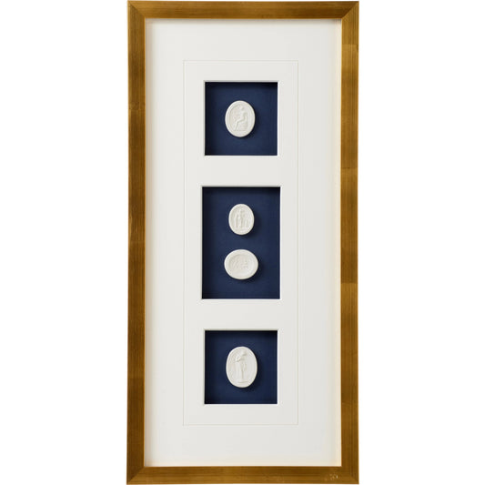 Intaglios on Navy II by Chelsea House in gold leaf. Made from plaster intaglios in shadow box in a modern style.