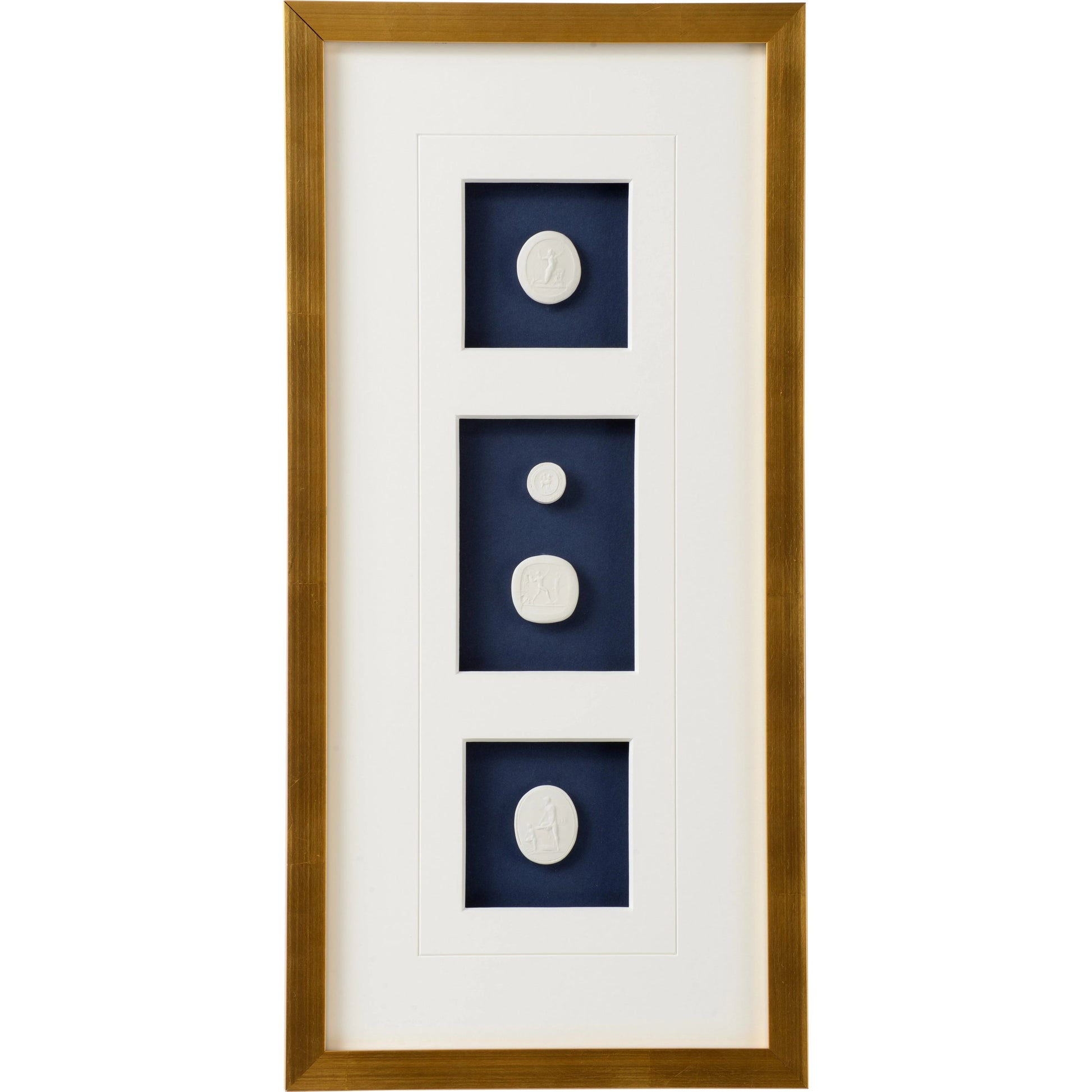 Intaglios on Navy IV by Chelsea House in gold leaf. Made from plaster intaglios in shadow box in a modern style.