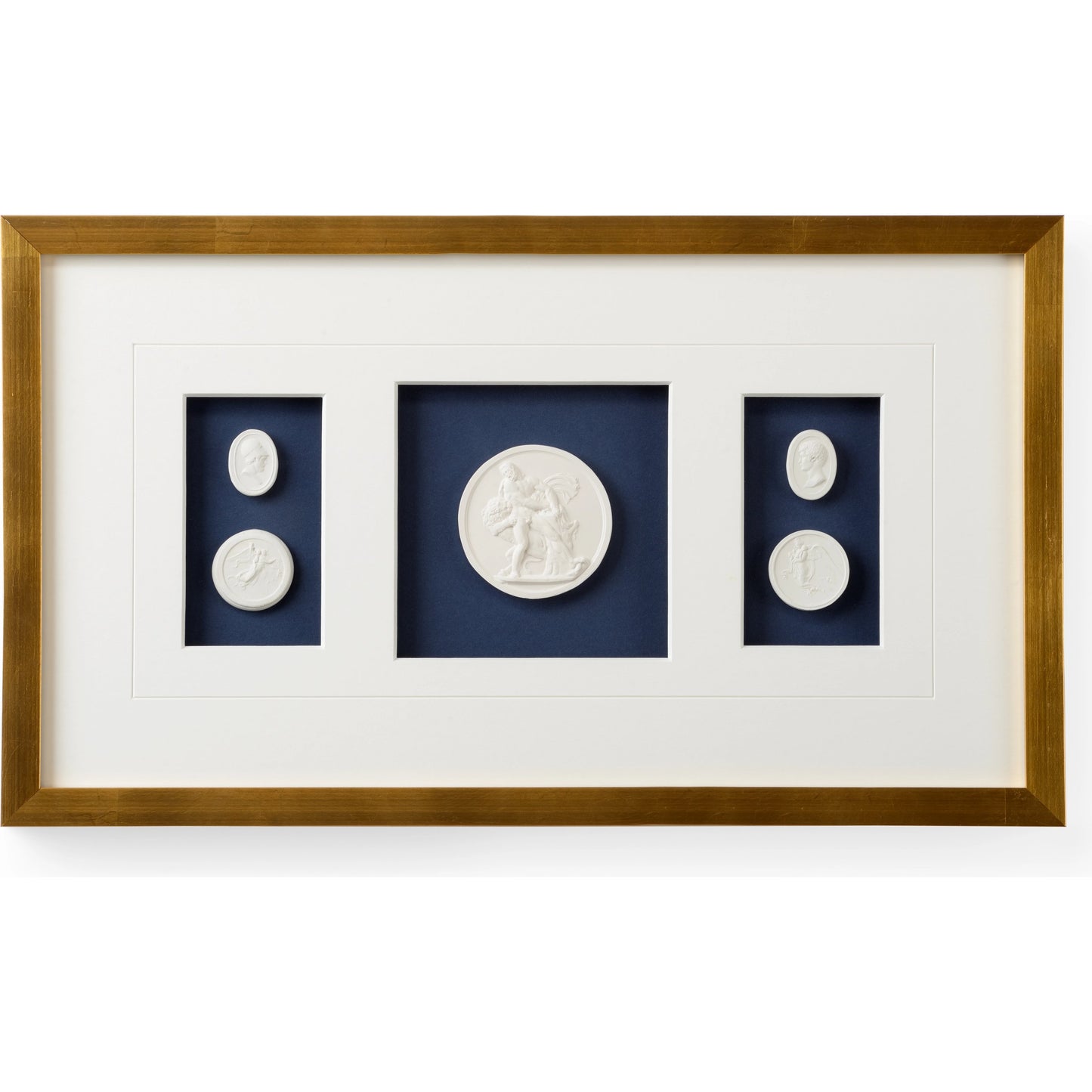 001 SI-2106056 | Primary Silo | Intaglios on Navy VII by Chelsea House. Made from plaster intaglios in shadow box in a modern style.