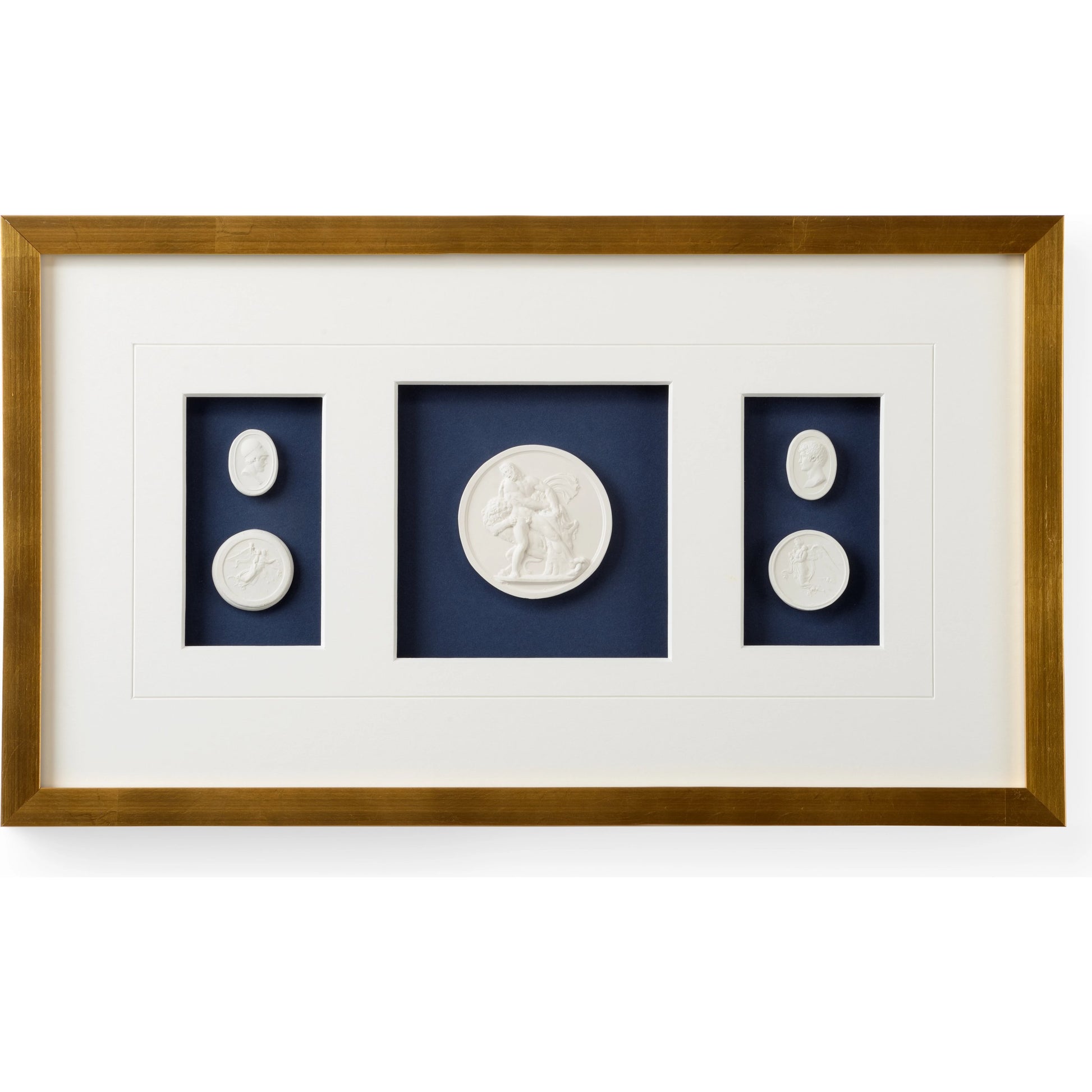 Intaglios on Navy VII by Chelsea House. Made from plaster intaglios in shadow box in a modern style.