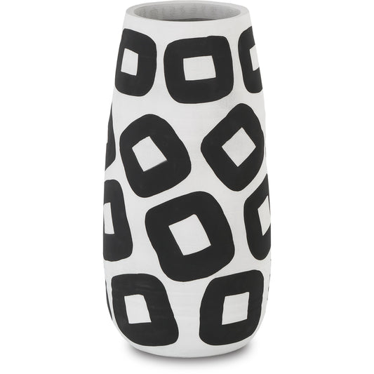 Pagliacci Vase by Currey and Company in white, black. Made from porcelain in a modern style.