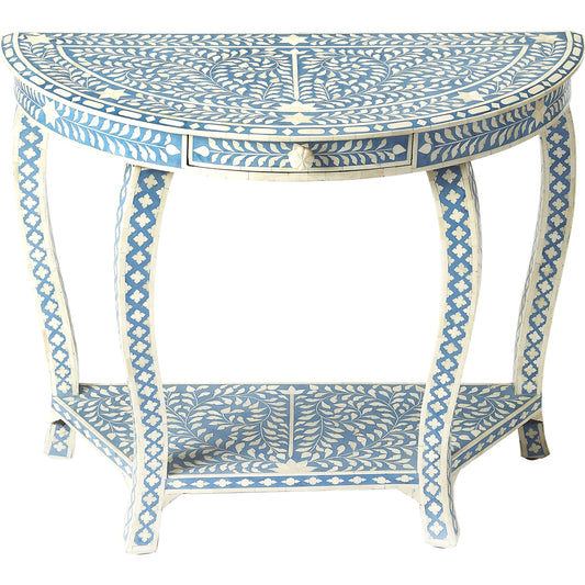 Darrieux Blue Bone Inlay Demilune Console Table by Butler Specialty Company in blue and blue bone inlay. Made from merranti wood solids, mdf, resin, bone inlays in a eclectic & global style.
