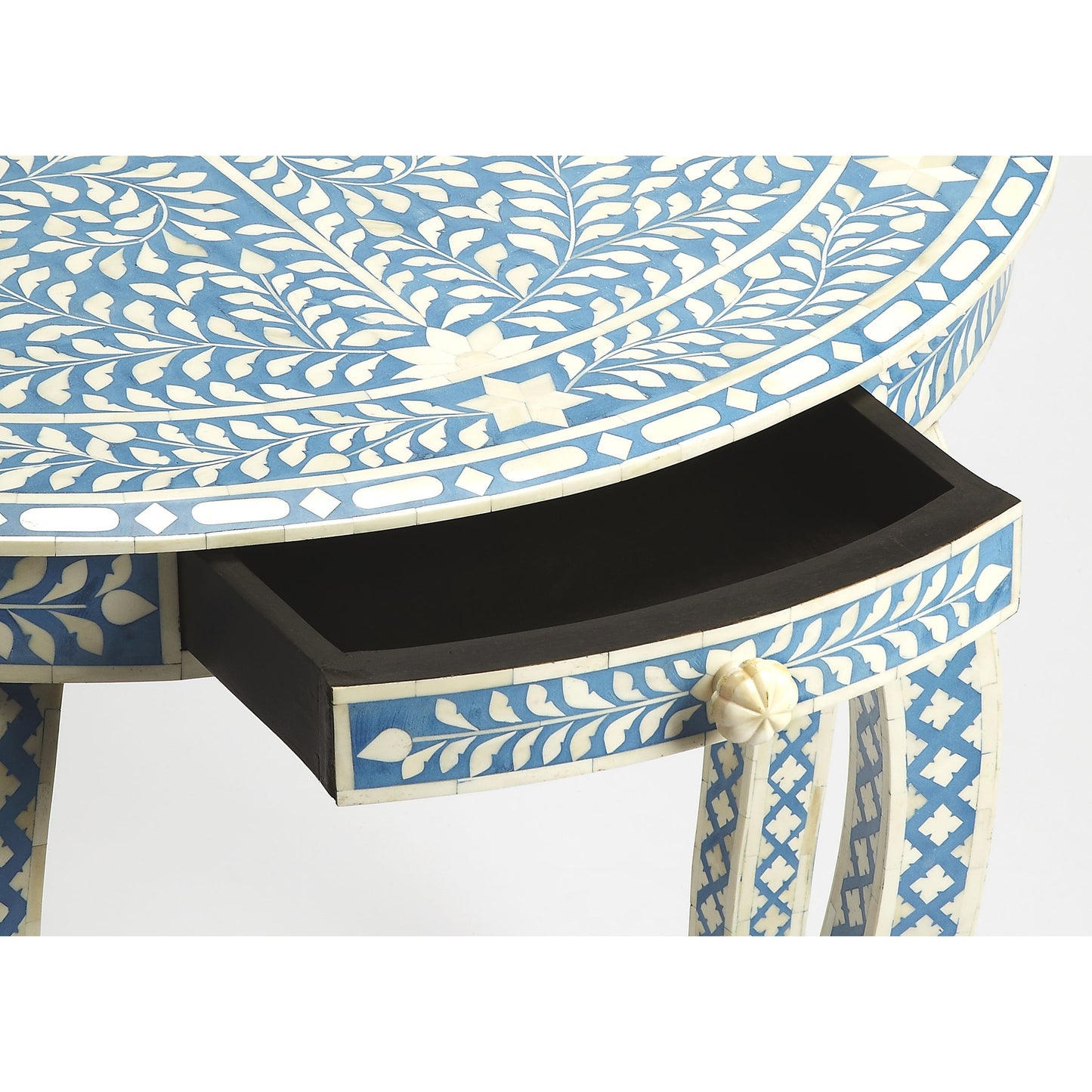 003 S-242563 | Additional Silo | Darrieux Blue Bone Inlay Demilune Console Table by Butler Specialty Company in blue and blue bone inlay. Made from merranti wood solids, mdf, resin, bone inlays in a eclectic & global style.