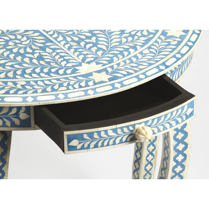 Darrieux Blue Bone Inlay Demilune Console Table by Butler Specialty Company in blue and blue bone inlay. Made from merranti wood solids, mdf, resin, bone inlays in a eclectic & global style.