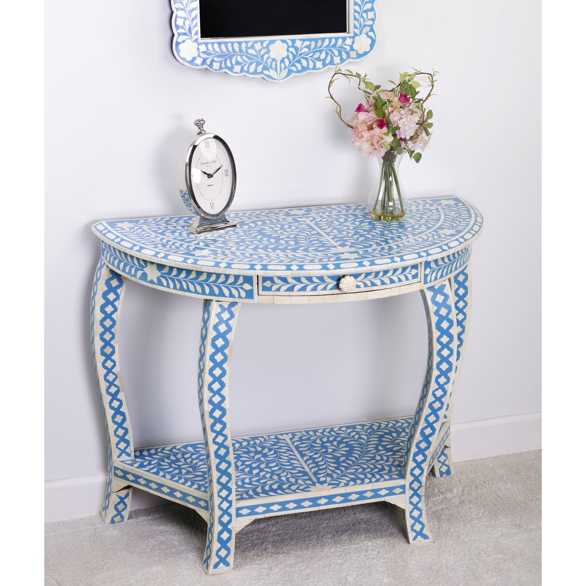 Darrieux Blue Bone Inlay Demilune Console Table by Butler Specialty Company in blue and blue bone inlay. Made from merranti wood solids, mdf, resin, bone inlays in a eclectic & global style.