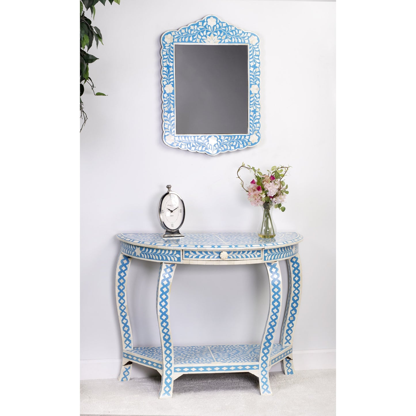 005 S-242563 | Lifestyle | Darrieux Blue Bone Inlay Demilune Console Table by Butler Specialty Company in blue and blue bone inlay. Made from merranti wood solids, mdf, resin, bone inlays in a eclectic & global style.