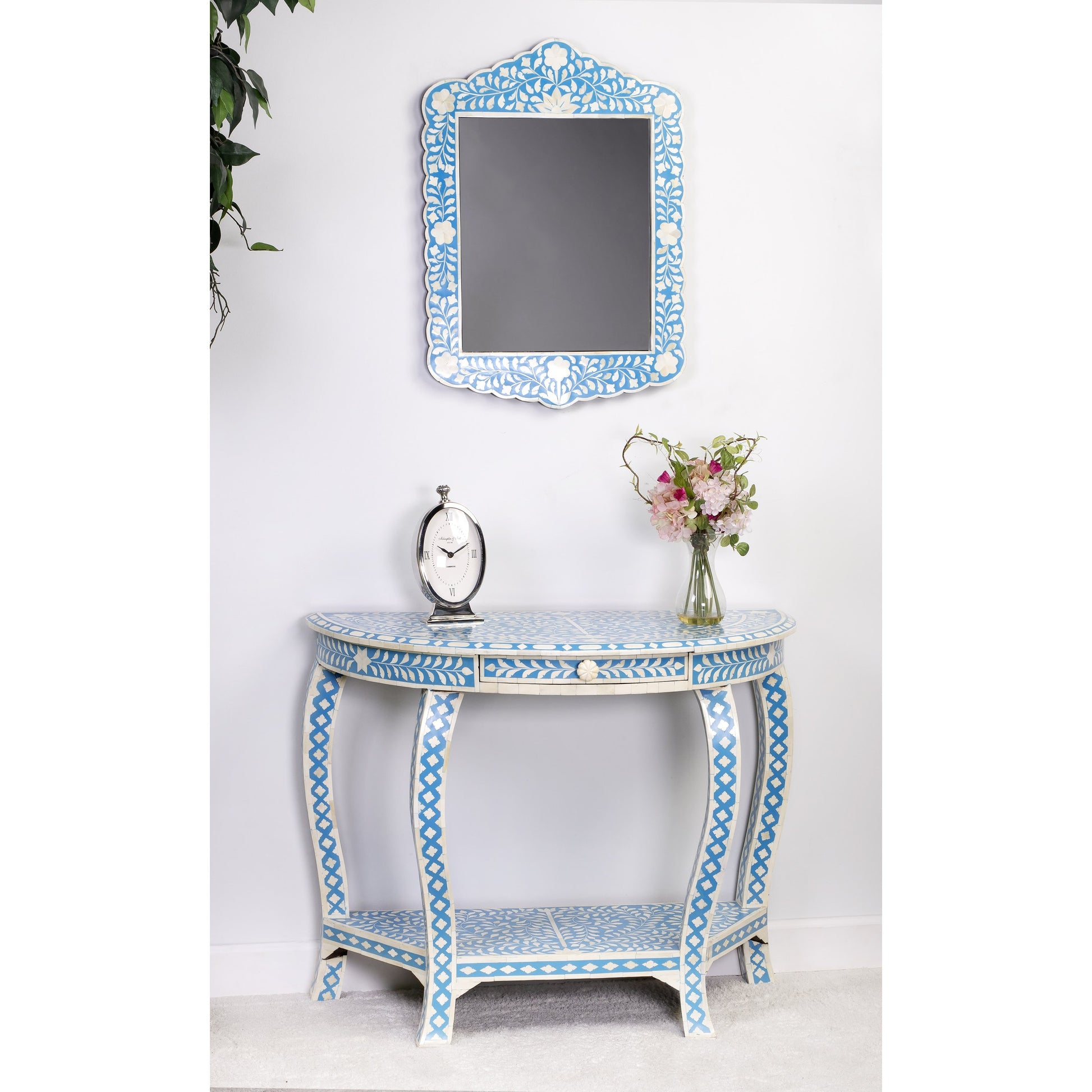 Darrieux Blue Bone Inlay Demilune Console Table by Butler Specialty Company in blue and blue bone inlay. Made from merranti wood solids, mdf, resin, bone inlays in a eclectic & global style.