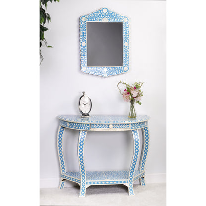 Darrieux Blue Bone Inlay Demilune Console Table by Butler Specialty Company in blue and blue bone inlay. Made from merranti wood solids, mdf, resin, bone inlays in a eclectic & global style.