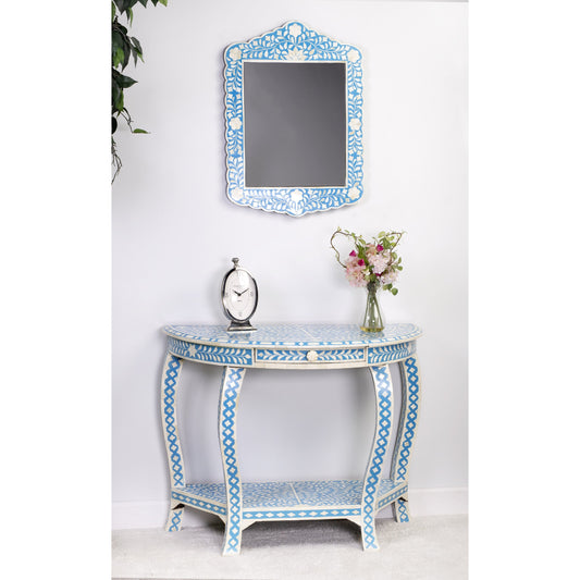 Darrieux Blue Bone Inlay Demilune Console Table by Butler Specialty Company in blue and blue bone inlay. Made from merranti wood solids, mdf, resin, bone inlays in a eclectic & global style.