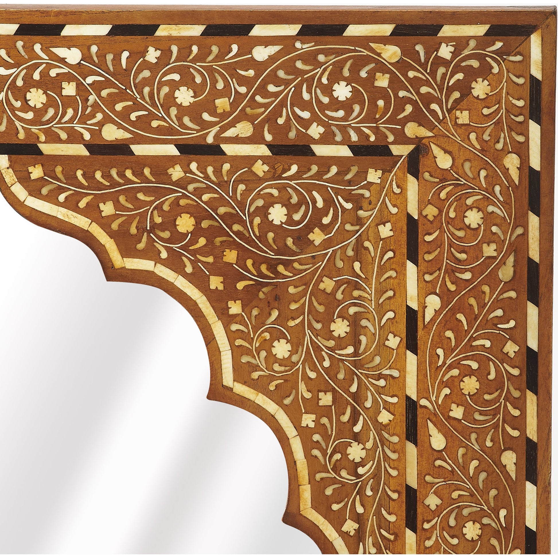 Chevrier Wood & Bone Inlay Wall Mirror by Butler Specialty Company in medium brown and wood, bone inlay. Made from mdf, resin, mirrored glass, bone inlays in a eclectic & global style.