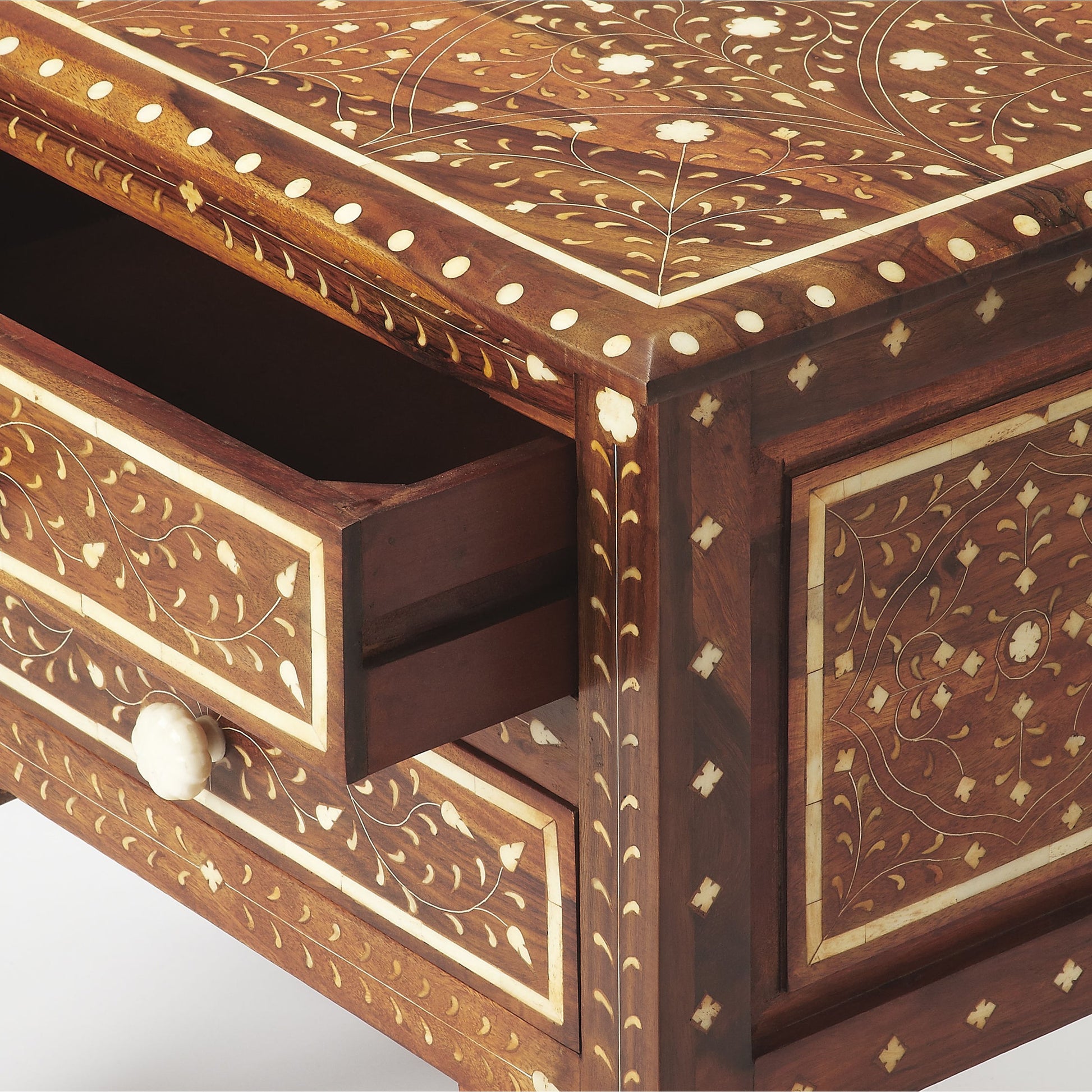 Chevrier Wood & Bone Inlay Accent Chest by Butler Specialty Company in medium brown and wood, bone inlay. Made from sheesham wood solids, mdf, bone inlays in a eclectic & global style.