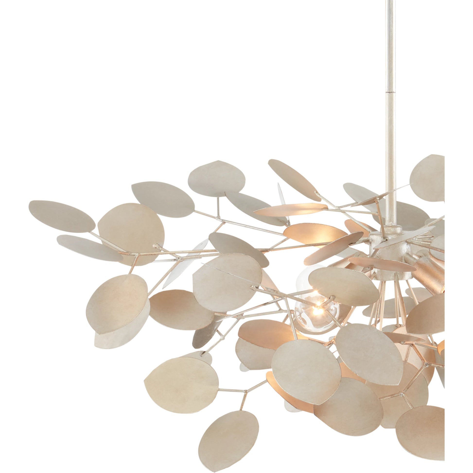 Lunaria Small Chandelier by Currey and Company in contemporary silver leaf. Made from wrought iron in a transitional style.