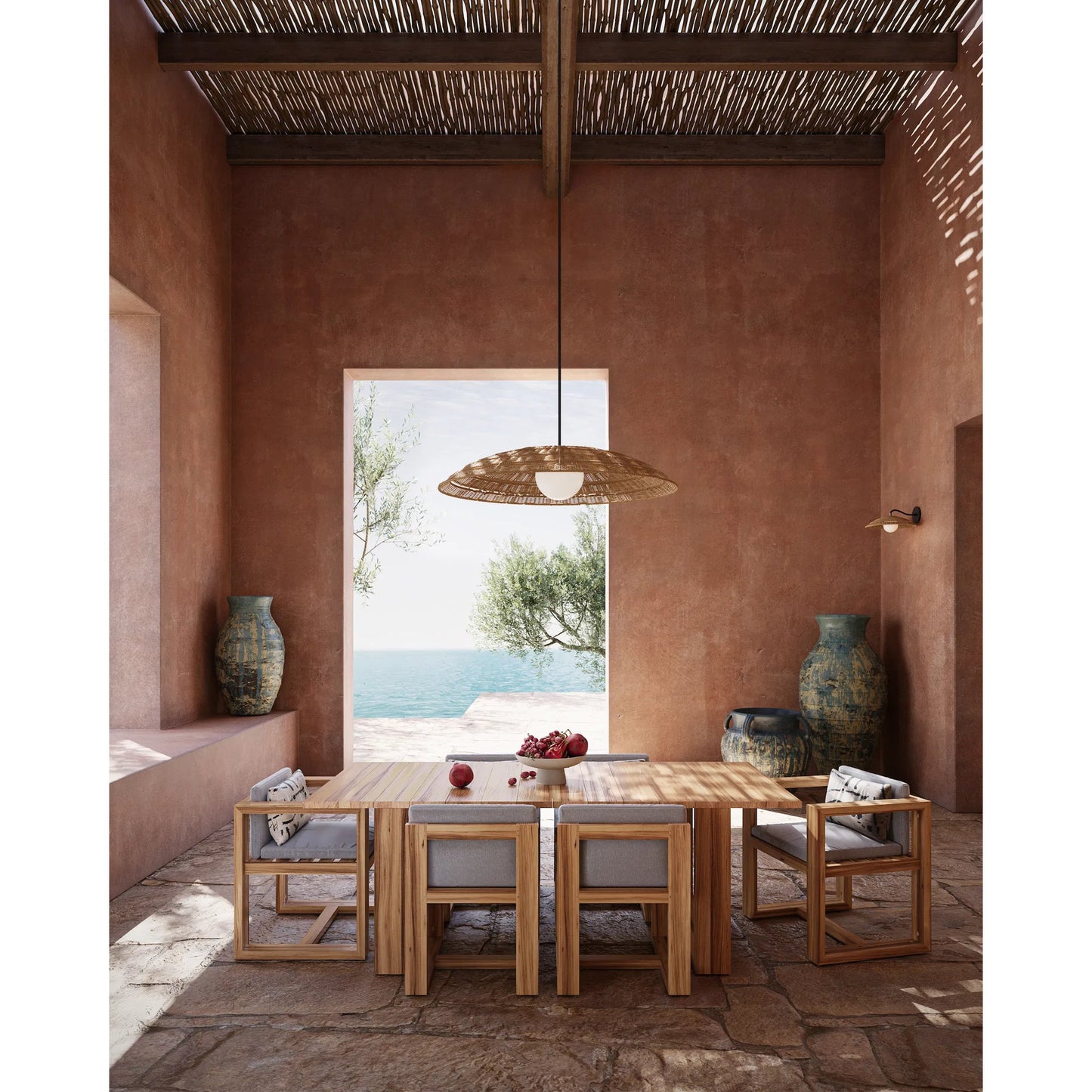 011 SI-2386954 | Lifestyle | Barbary Outdoor Pendant by Currey and Company in natural, black, frosted white. Made from all-weather wicker, metal, glass in a rustic style.