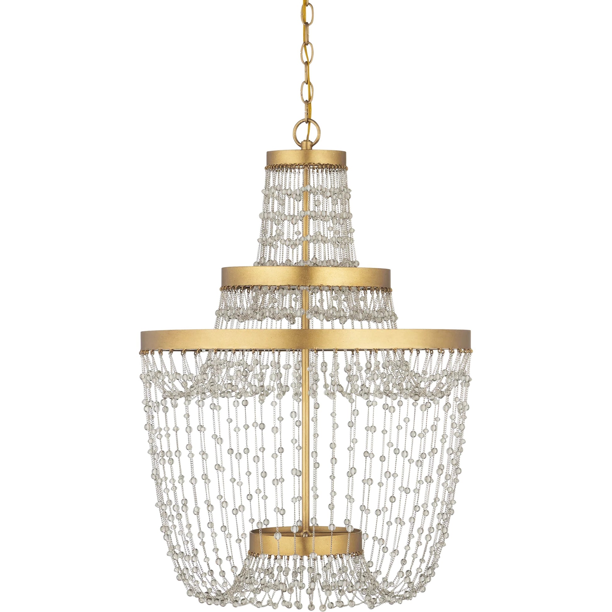 Mademoiselle Chandelier by Currey and Company in contemporary gold leaf, contemporary gold, clear. Made from glass beads, wrought iron in a unique style.
