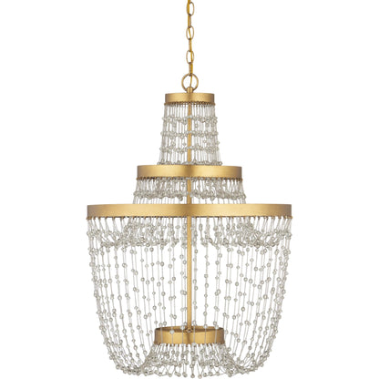 Mademoiselle Chandelier by Currey and Company in contemporary gold leaf, contemporary gold, clear. Made from glass beads, wrought iron in a unique style.