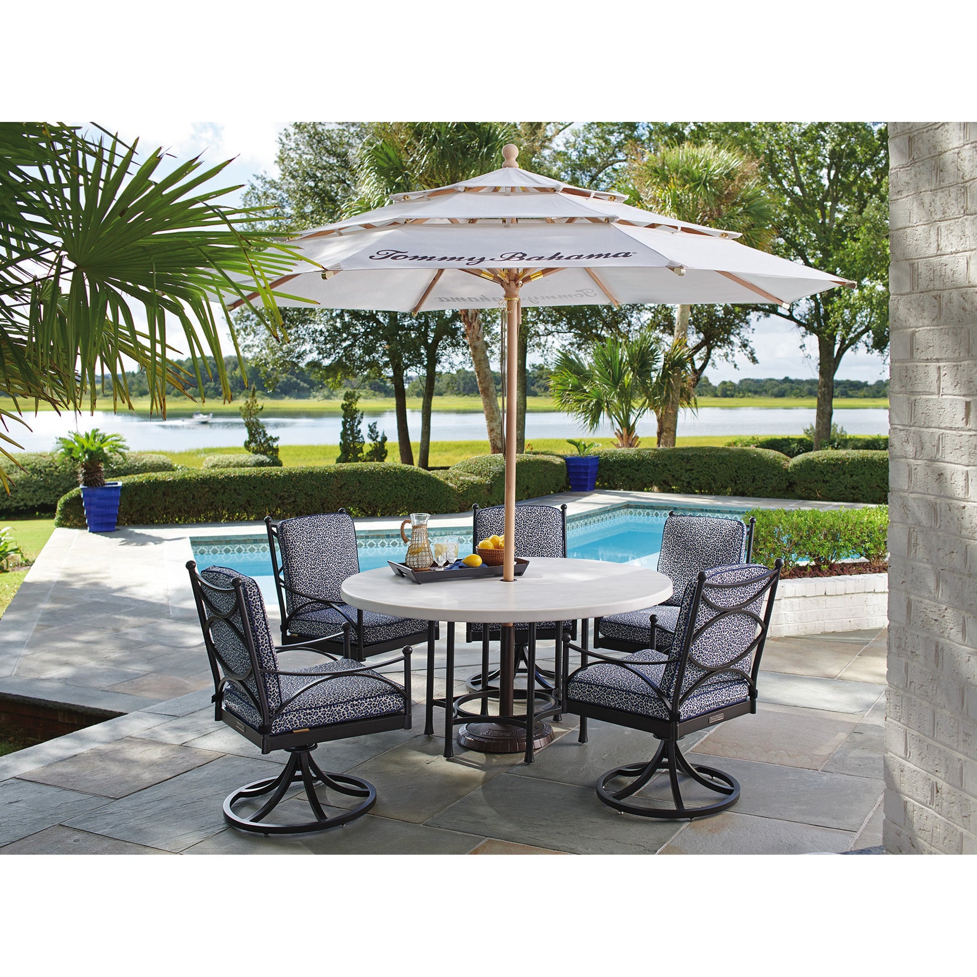 Pavlova Round Dining Table by Tommy Bahama Outdoor in textured graphic white. Made from unique in a transitional style.